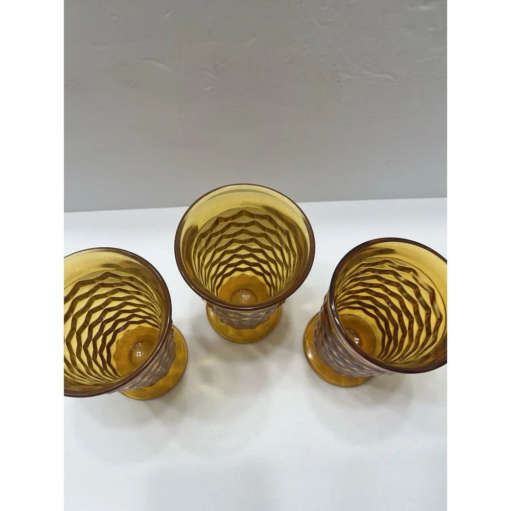Vintage Indiana Glass Whitehall Colony Amber Cubist Pattern Set Of 3 Footed 6